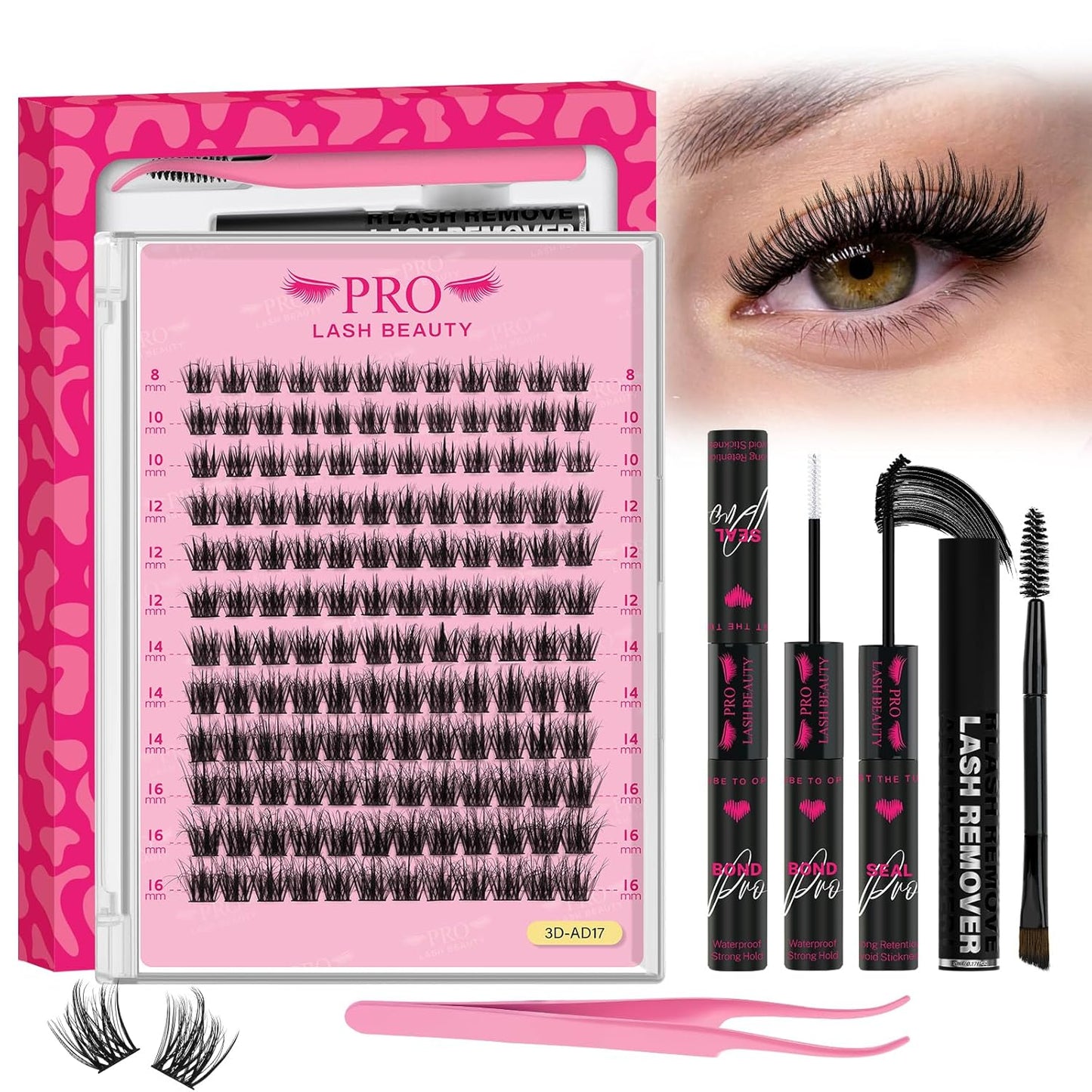 PROLASHBEAUTY Lash Clusters Kit 3D Volume Plushy Eyelash Clusters Kit Ultra Thin Band Soft Clusters Lashes Kit with Waterproof Lash Bond and Seal Remover (Attraction-3D, 8-16mix)
