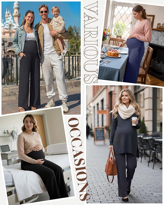 Neer 3 Pack Women's Maternity Pants Over The Belly Loose Pregnancy Pants Stretchy Lounge Wide Leg Trousers with Pockets