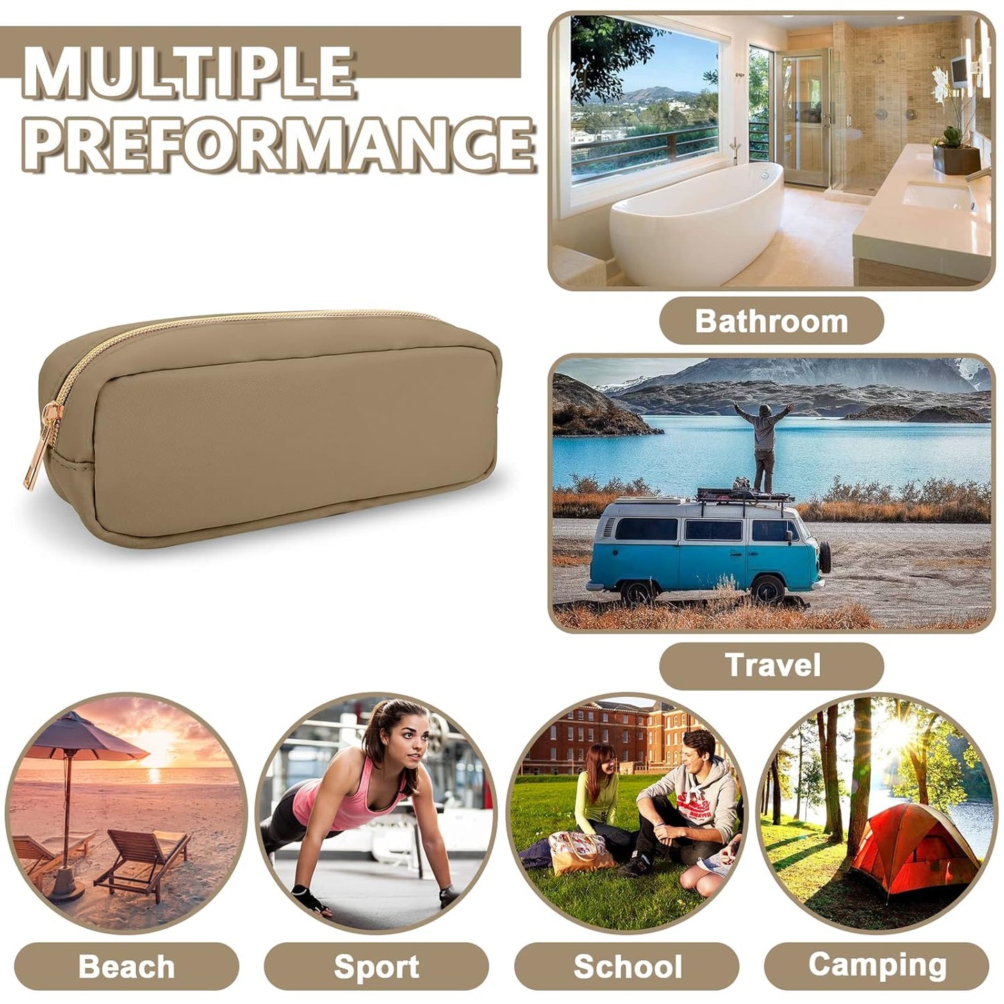 Small Pencil Case Makeup Bag for Purse, Cute Pencil Pouch Preppy Nylon Makeup Brush Pouch with Zipper, Girls Portable Stationery Storage Case for Office School College(Slim-Khaki)