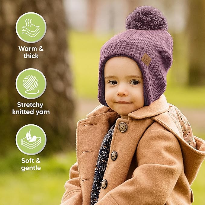 Baby Beanies, Baby Hats for Boys, Girls - Cute Toddler Winter Hat, Soft & Stretchy Beanies for Infant, Newborn 6-36 Months, Cozy & Warm with Earflap Muff & Pom (Regalia)