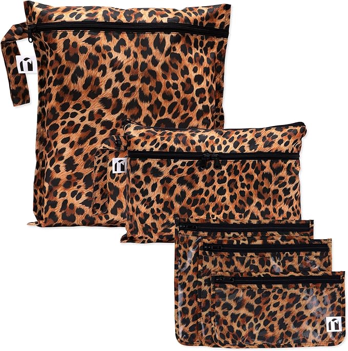 Bumkins Roamio Travel Set – Waterproof Wet Bag, Wet/Dry Clutch, 3 Clear TSA Pouches – Reusable Organizers for Swim, Gym, Toiletries, Baby Gear, Pump Parts, Beach, Pool, Travel, Leopard 5-pc Set