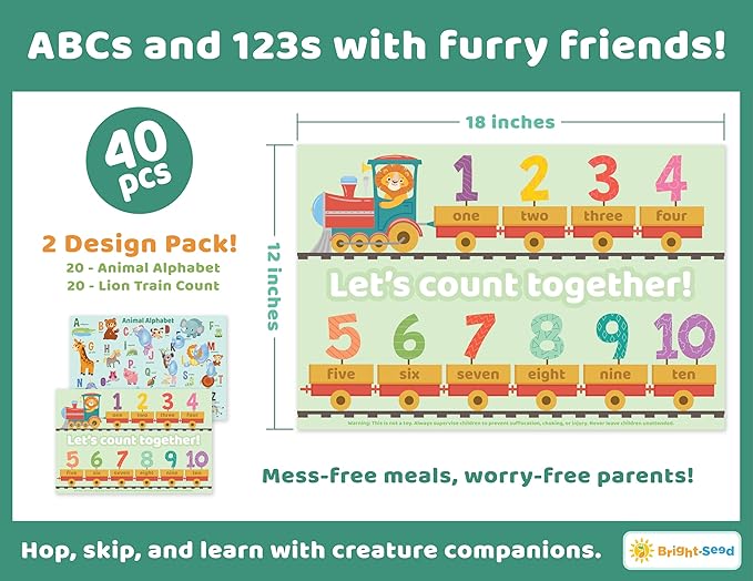 Disposable Placemats for Baby, Toddlers and Kids, 40 Disposable Baby Placemats for Restaurant, Dining Table & Travel, Learning Placemats for Kids, Toddler Travel Essential, Animals ABC & Numbers
