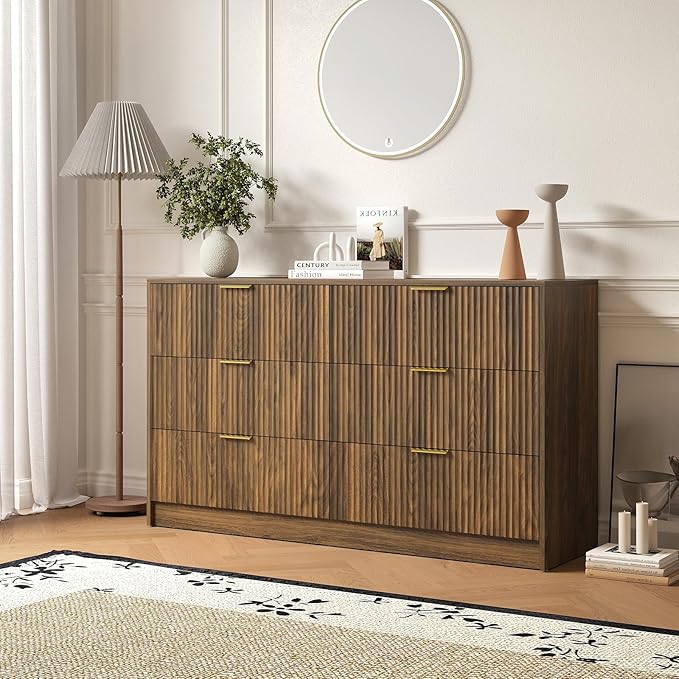 6 Drawers Fluted Dresser for Bedroom, 55" Wide Wooden Dresser with Deep Drawers, Large Floor Chest of Drawers, Modern Long TV Stand, Storage Cabinet Side Table, Walnut