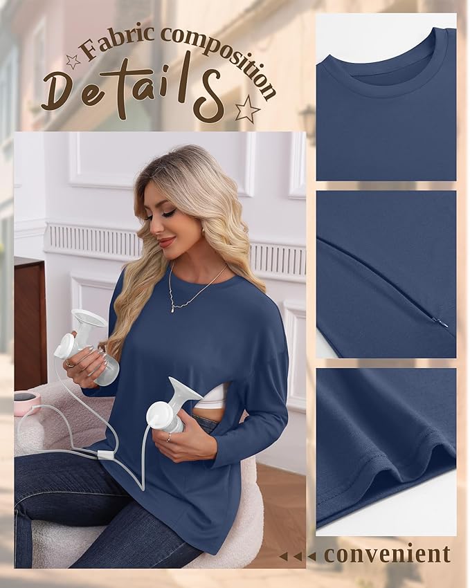 3 Pack Women's Nursing Breastfeeding Tops, Long Sleeve Maternity Shirts Oversize Hidden Zipper Pregnancy Clothes