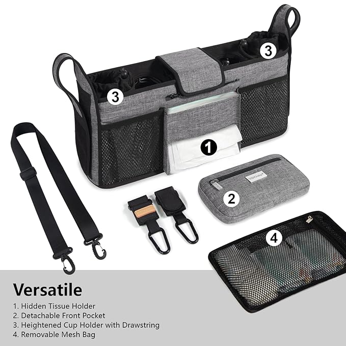 TOPDesign Universal Baby Stroller Organizer, Double Stroller Caddy with Detachable Mesh Bag & Heightened Insulated Cup Holders & Non-Slip Secure Hooks Accessories, Fits Most Strollers (Green)