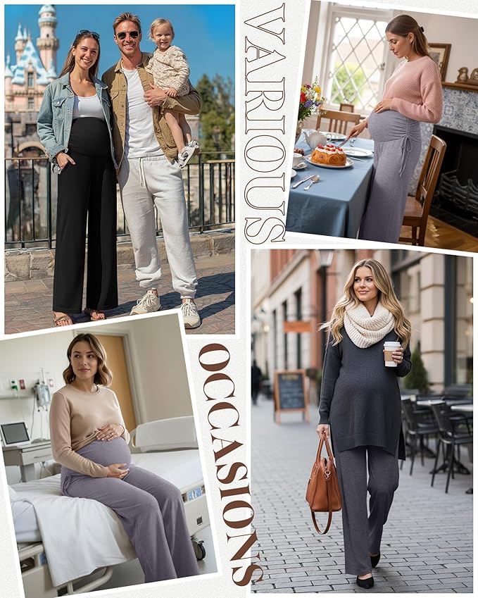 Neer 3 Pack Women's Maternity Pants Over The Belly Loose Pregnancy Pants Stretchy Lounge Wide Leg Trousers with Pockets