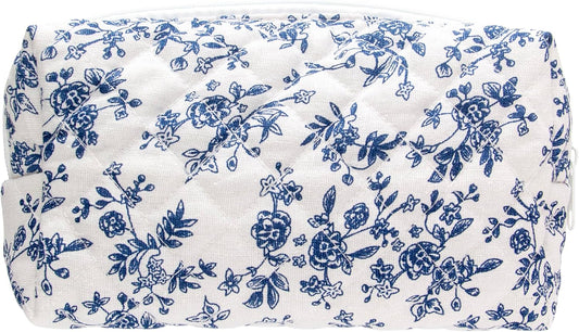 PAZIMIIK Vintage Quilted Makeup Bag Cosmetic Pouch for Brushes Pencils and Travel Make Up Accessories for Women and Girls Jouy Blue