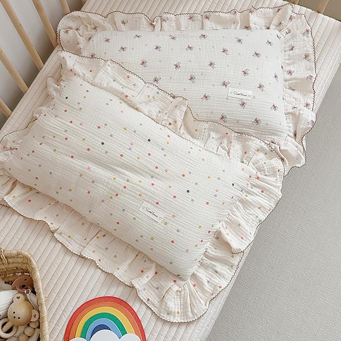 AOJIM Kids Toddler Pillowcase 1 Piece Super Soft Muslin Cotton Bedding Pillowcase with Colorful Beans Pattern, Ruffle Edges Nursery Pillowcase Durable Kids Pillow Cover, Machine Washable 26x20 Inches