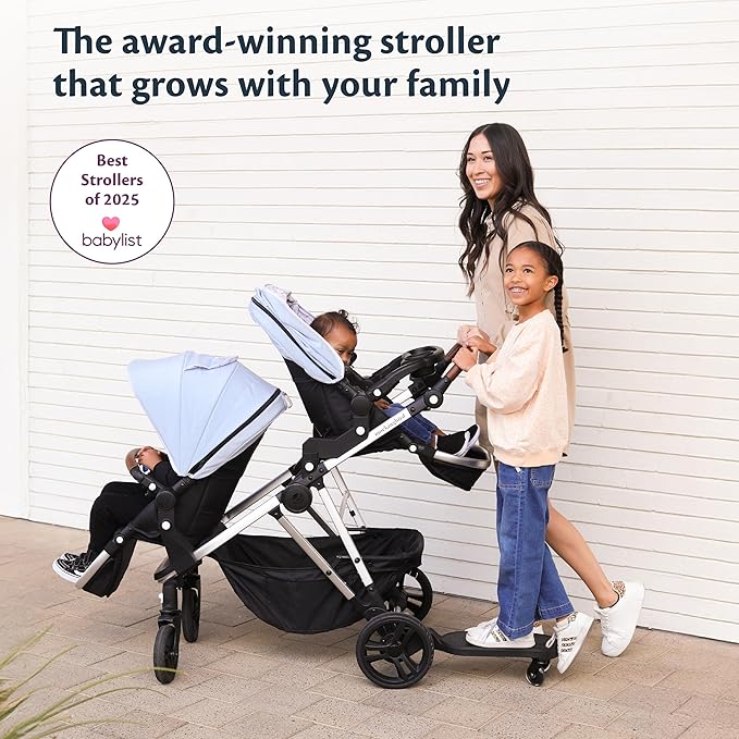 Mockingbird Single-to-Double Stroller 2.0 - Modular Full-Size Baby Stroller for 1, 2 or 3 Kids - Includes Cup Holder - Sea