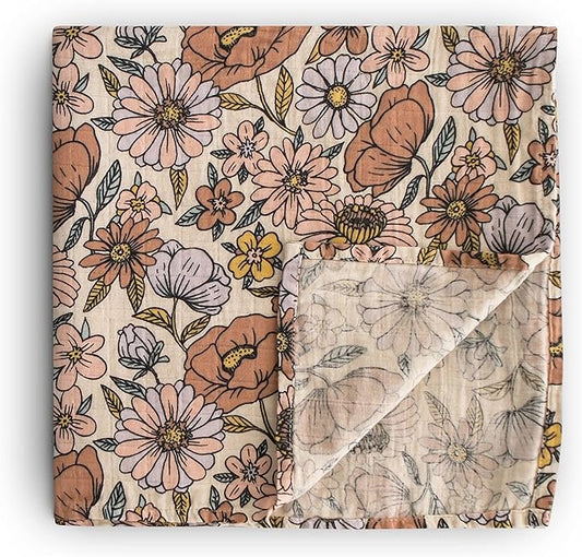 mushie Muslin Baby Swaddle Blanket | 100% Organic Cotton (Retro Flowers)