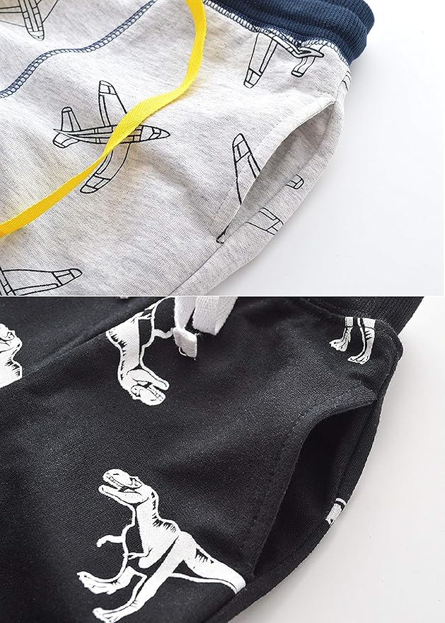 HUAER& Baby Boy's Jogger Pants Dinosaur Car Animal Print Drawstring Elastic Sweatpants 2-Pack