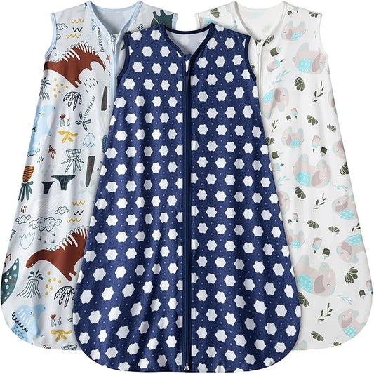 Baby Sleep Sack 0-6 Months 3 Pack Baby Wearable Blanket 100% Rayon Cotton 2-Way Zipper Toddler Sleeping Sack .Comfy Soft Lightweight TOG 0.3 (Elephant&Dinosaur&Hexagon,)
