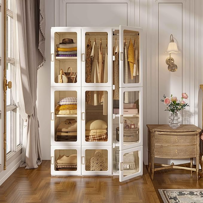 ANTBOX Portable Wardrobe Closet Storage Organizer for Clothes,Suitable for Living Room, Bedroom,Plastic Wardrobe with Magnetic Transparent Door and Easy Assembly 8 Cubes & 2 Hanging Rod