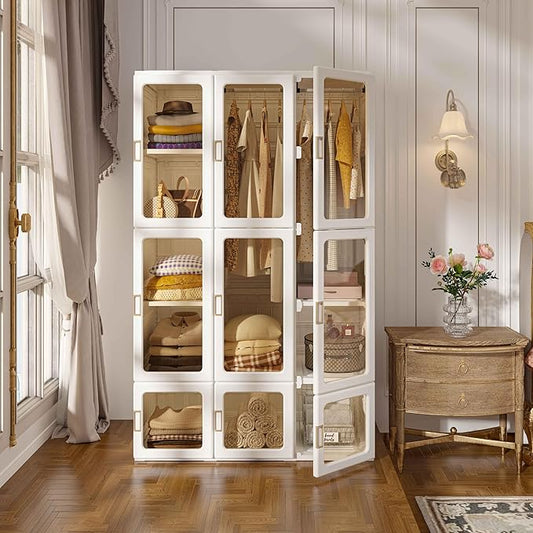 ANTBOX Portable Wardrobe Closet Storage Organizer for Clothes,Suitable for Living Room, Bedroom,Plastic Wardrobe with Magnetic Transparent Door and Easy Assembly 8 Cubes & 2 Hanging Rod
