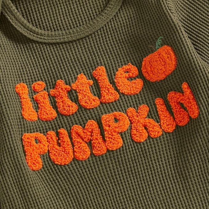 Newborn Infant Baby Boy Halloween Outfit Little Pumpkin Embroidery Romper Waffle Knit Long Sleeve Jumpsuit with Hat