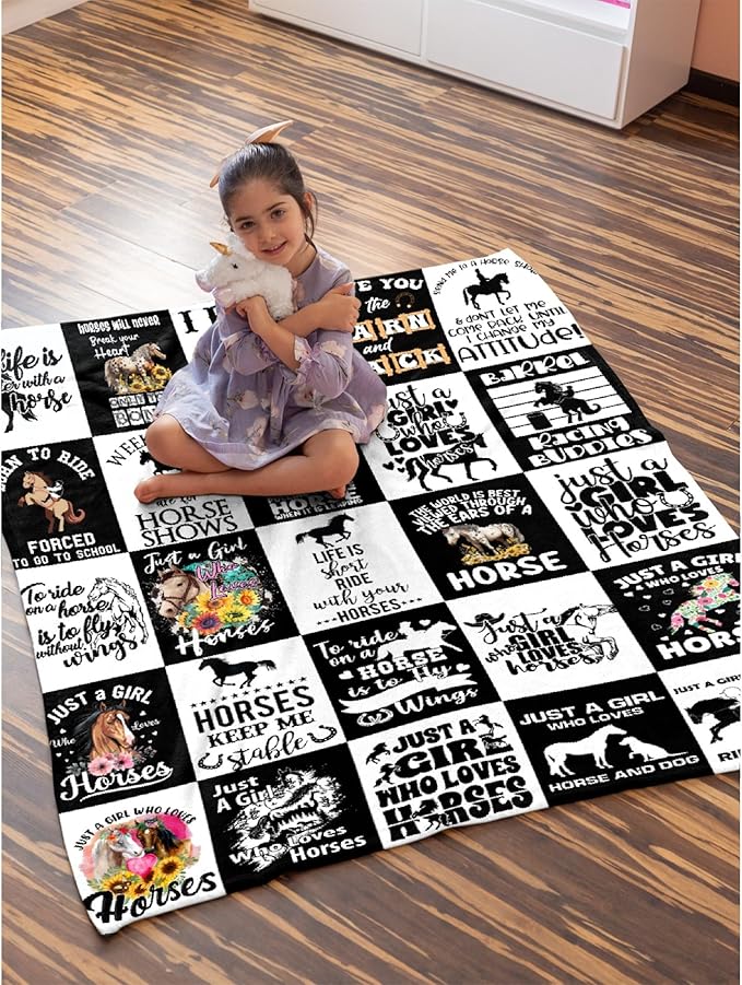 Horse Blanket for Adults,Black White Throw Blanket for Girls Boys Lightweight Animals Soft Cozy Flannel Blanket for Kids 90 * 120 Inches