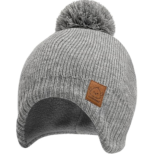 Baby Beanies, Baby Hats for Boys, Girls - Cute Toddler Winter Hat, Soft & Stretchy Beanies for Infant, Newborn 0-6 Months, Cozy & Warm with Earflap Muff & Pom (Gray, S)