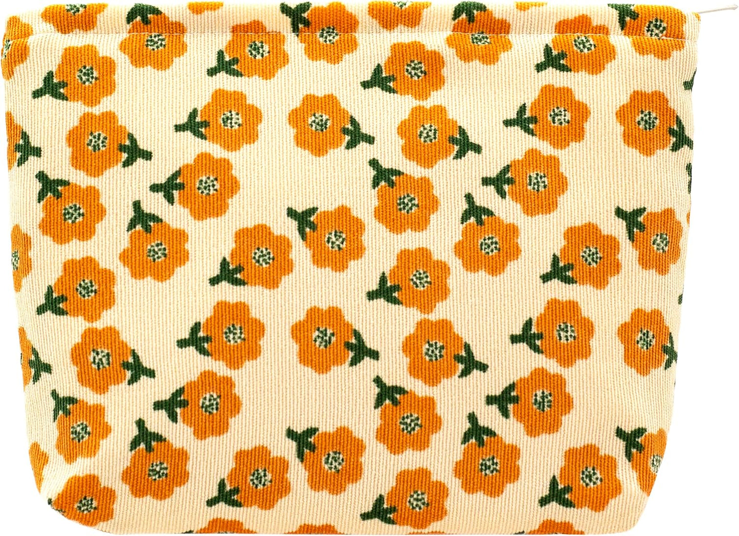 PAZIMIIK Makeup Bag Large Zipper Corduroy Make Up Pouch for Purse Travel Canvas Cosmetic Organizer for Women Brush Storage,Flower Yellow