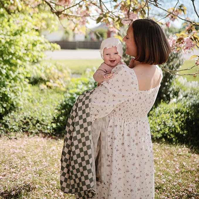 mushie Muslin Baby Swaddle Blanket | 100% Organic Cotton (Olive Check)