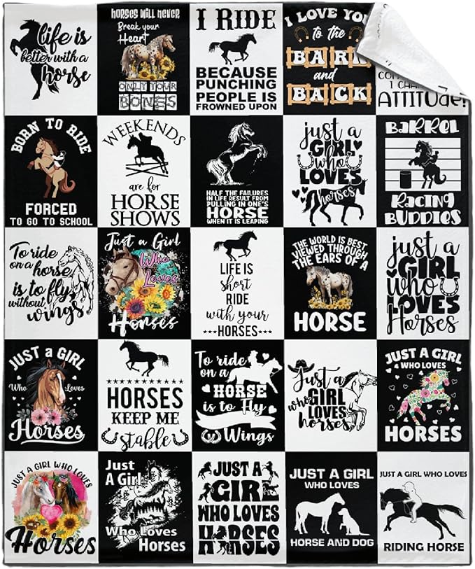 Horse Blanket for Adults,Black White Throw Blanket for Girls Boys Lightweight Animals Soft Cozy Flannel Blanket for Kids 90 * 120 Inches
