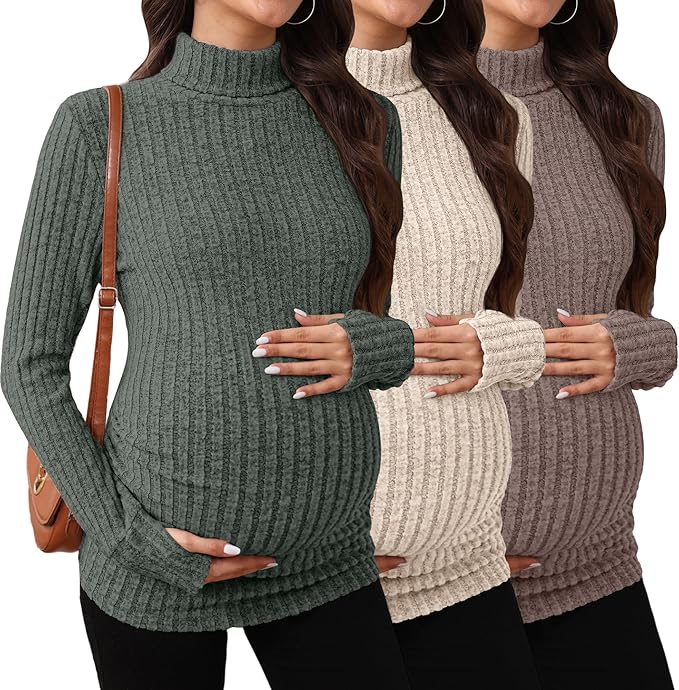 3 Pack Maternity T-Shirts Pregnancy Tops Women Sweater Long Sleeve Turtleneck Ribbed Finger Sleeve Outfits