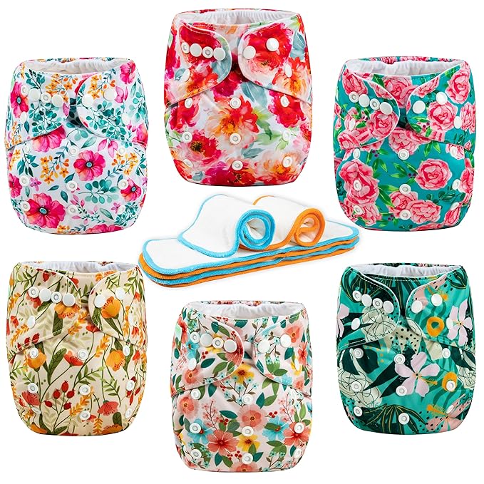 Wegreeco Cloth Diapers 6 Pack with Inserts & Wet Bag, Washable Reusable Diapers for Babies, One Size Adjustable (Chinese Rose)