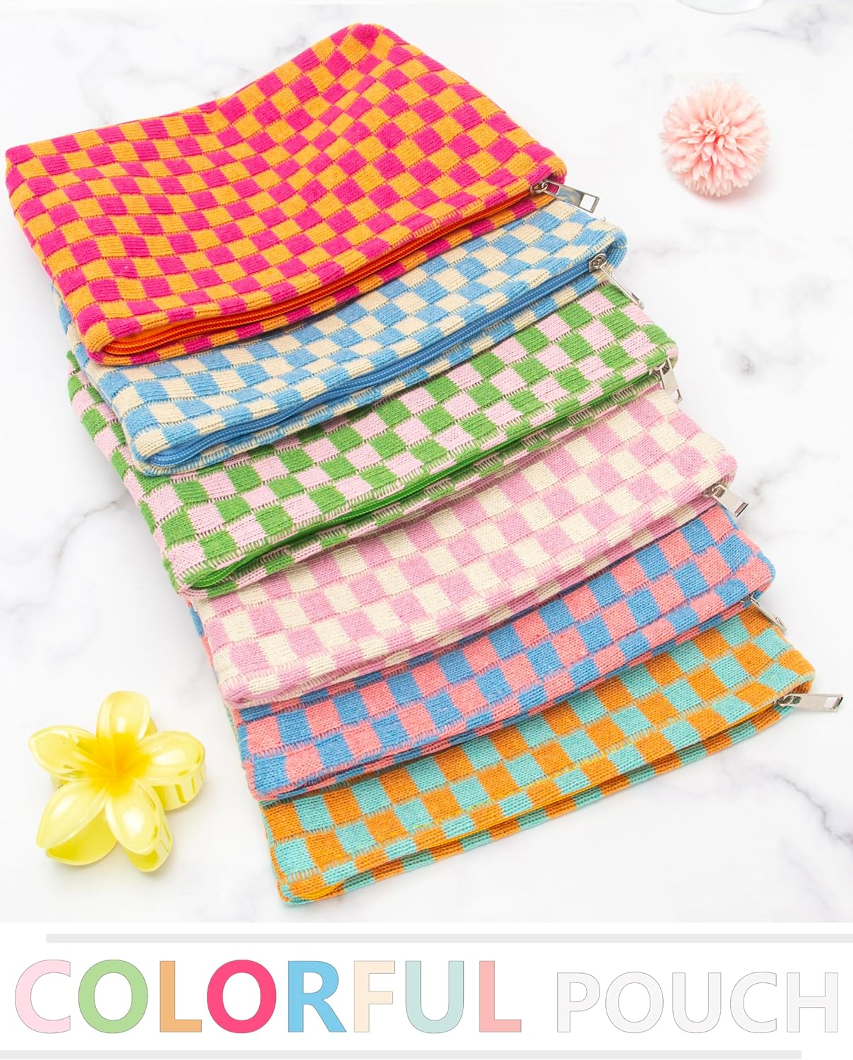 PAZIMIIK Knitted Checkered Makeup Bag Large Zipper Make Up Accessory Pouch for Purse Cosmetic Brush Bag for Travel Red Orange