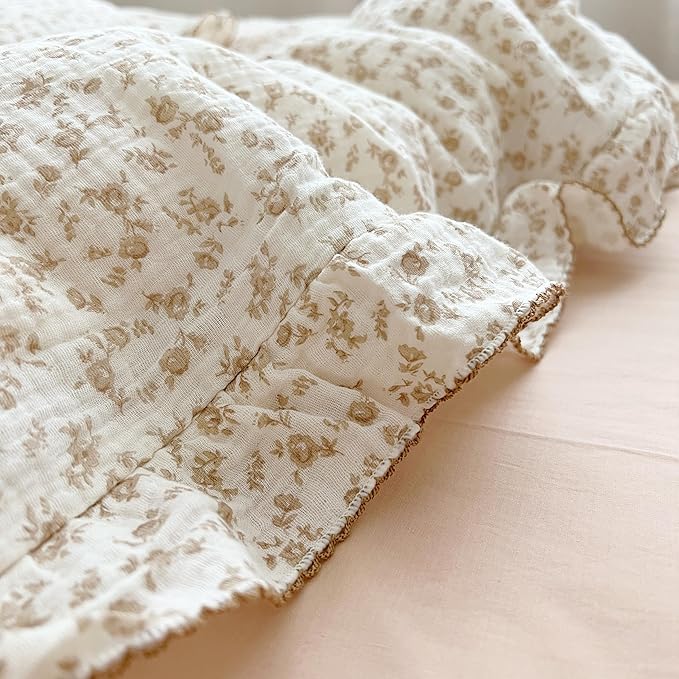 AOJIM Cotton Muslin Kids Toddler Pillowcase with Camellia Pattern Super Soft Baby Crib Pillowcase with Ruffle Edge, Machine Washable Floral Nursery Pillowcase for Boys Girls, Kids Room Decor, 14x20''