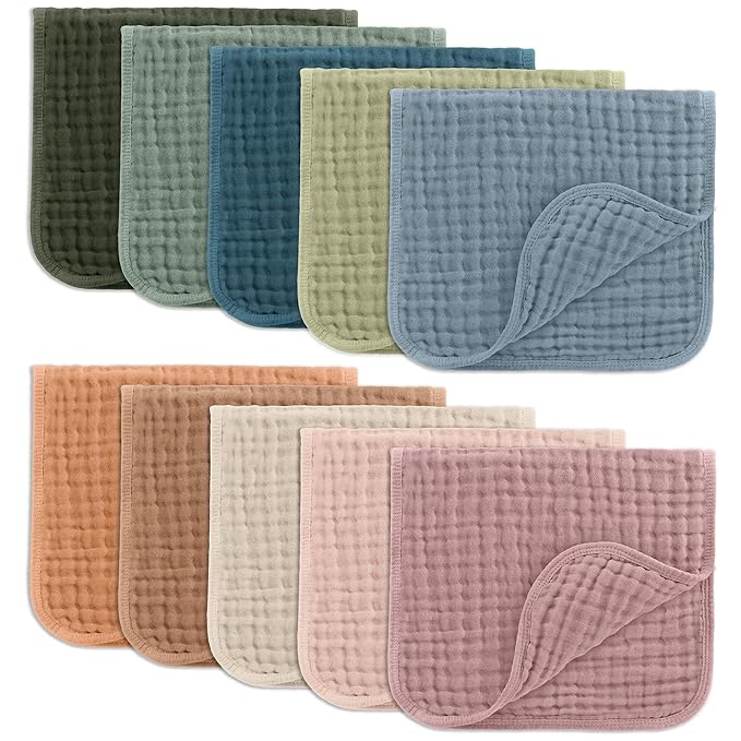 Comfy Cubs Muslin Burp Cloths 20" x 10", Pack of 10 - Large, 6-Layer, Ultra Absorbent 100% Cotton for Baby Drool and Messes - Soft, Safe & Gentle Baby Burp Cloths for Boys & Girls - Multi