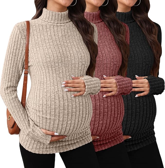 3 Pack Maternity T-Shirts Pregnancy Tops Women Sweater Long Sleeve Turtleneck Ribbed Finger Sleeve Outfits
