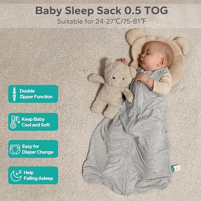 Rayon Made from Bamboo Sleep Sack, 0.5 TOG Wearable Blanket Baby, Sleep Sack 6-12 Months for Spring and Summer, Grey