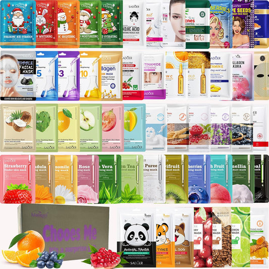 55 Pack Collagen Face Masks Skincare Bulk,Hydrating Spa Face Mask Beauty for Sensitive Skin,Sheet Mask for Skin Care, Facial Mask Sets Birthday Party Gifts for Women/Teen Girls/Kids