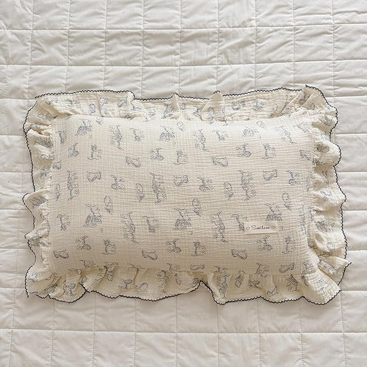 AOJIM Cotton Muslin Kids Pillowcase with Cute Cat Patterns, Super Soft Crib Nursery Pillowcase 1PC for Boys Girls, Ruffled Edges Toddler Bedding for Room Decor, Machine Washable, 14x20 Inches