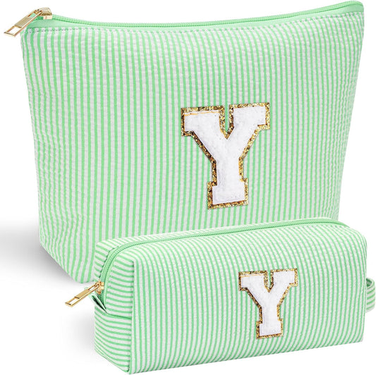 YOOLIFE Travel Makeup Bag Cosmetic Bag - Make Up Bag with Makeup Brush Bag Monogram Makeup Pouch Bag 2 Pieces Cute Makeup Bag Personalized Gifts Best Friend Birthday Gifts for Women Letter Y
