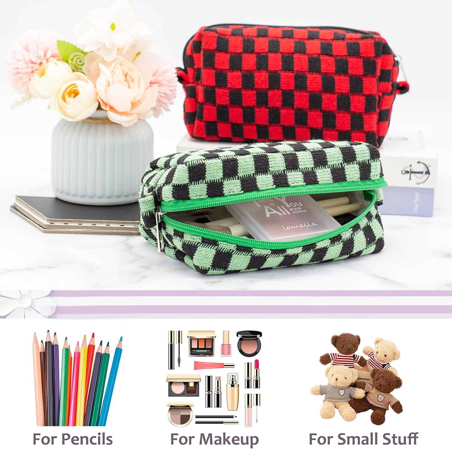 PAZIMIIK Checkered Makeup Bag for Purse Portable Zipper Make Up Pouch Small Cosmetic Case for Travel Accessories (Green Black)