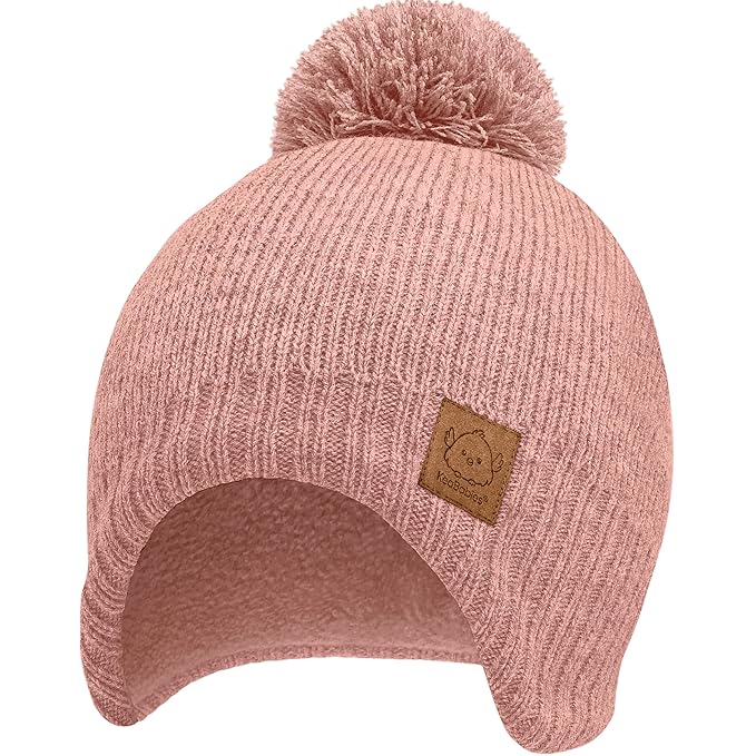 Baby Beanies, Baby Hats for Boys, Girls - Cute Toddler Winter Hat, Soft & Stretchy Beanies for Infant, Newborn 6-36 Months, Cozy & Warm with Earflap Muff & Pom (Tea Rose)
