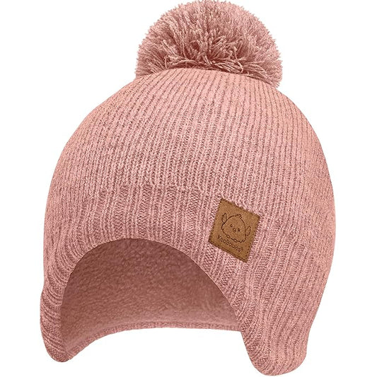 Baby Beanies, Baby Hats for Boys, Girls - Cute Toddler Winter Hat, Soft & Stretchy Beanies for Infant, Newborn 6-36 Months, Cozy & Warm with Earflap Muff & Pom (Tea Rose)