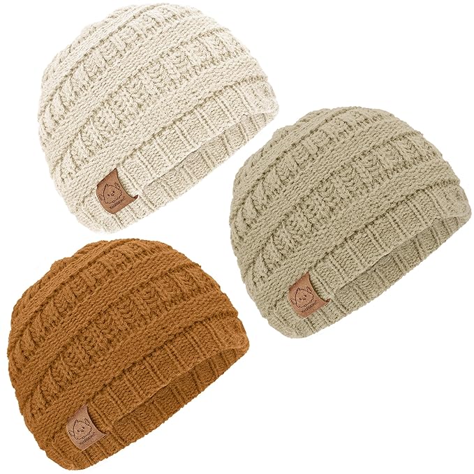 3-Pack Baby Beanies for Boys, Girls - Stretchy Knit Baby Hats, Cute Newborn & Toddler Winter Hat, Soft & Warm Infant Beanie 6-36 Months (Latte, M)