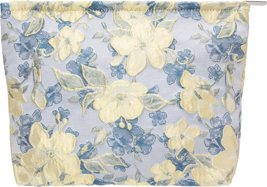 PAZIMIIK Makeup Bag Large Cotton Zipper Pouch for Purse Travel Canvas Make Up Organizer for Women Cosmetic,Brocade Blue