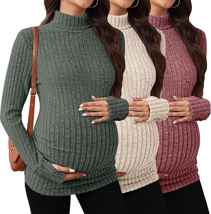 3 Pack Maternity T-Shirts Pregnancy Tops Women Sweater Long Sleeve Turtleneck Ribbed Finger Sleeve Outfits