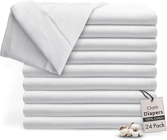 RUVANTI Unisex Birdseye Flat-Fold Cloth Diapers for Babies 24 Pack, 100% Cotton Reusable Diaper Inserts 23x23 Inches, White