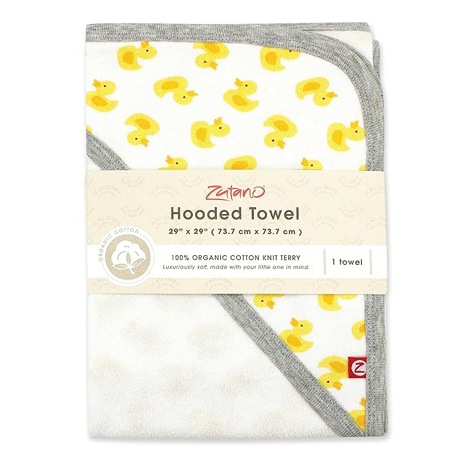 Zutano Hooded Baby Towels, Organic Cotton Baby Bath Towel, Ultra Soft and Absorbent Baby Towel for Newborn and Infant | Girl, Boy, and Unisex Towel Set, Rubber Duckies, 1-Pack