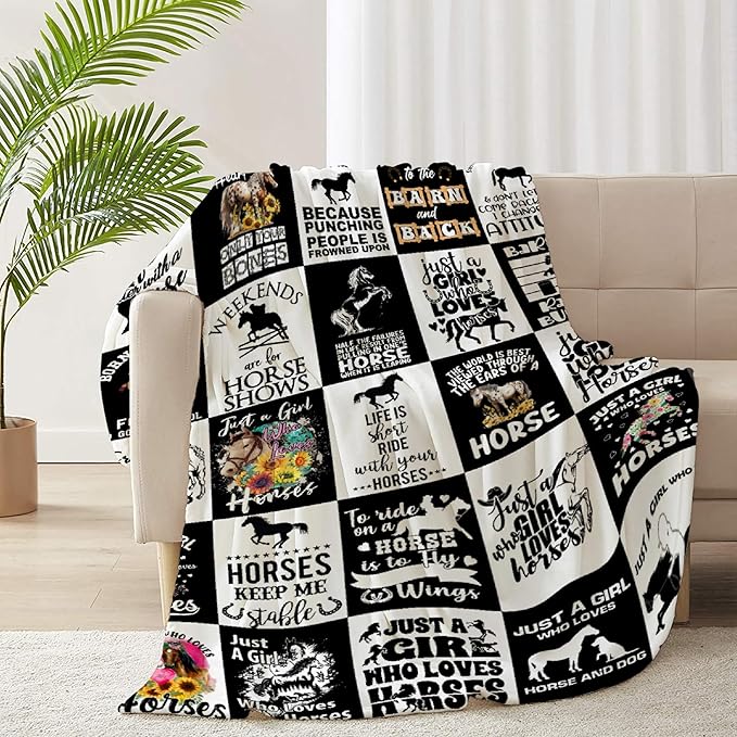 Horse Blanket for Teen Black White Throw Blanket Gifts for Girls Boys Soft Throws Blankets All Seasons 50×60 Inches for Bed Office