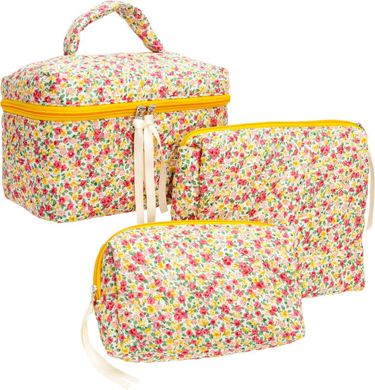 PAZIMIIK 3PCS Makeup Bag SET Large Travel Quilted Zipper Soft Cosmetic Case Pouch for Women Girls Make Up,Little Flower