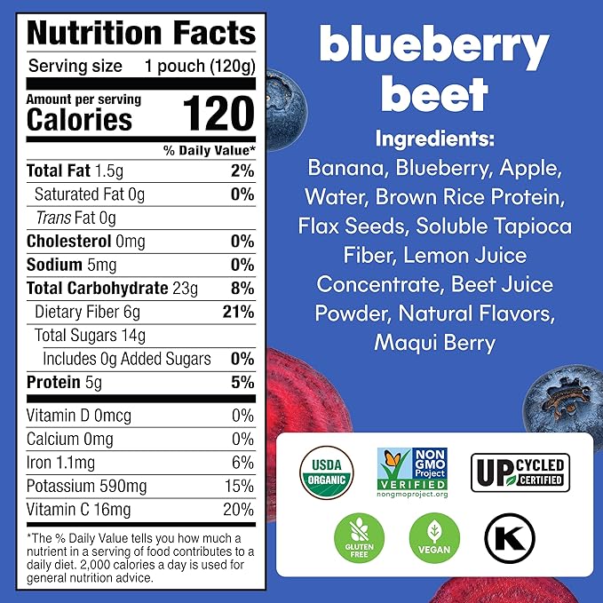 Noka Superfood Smoothie Pouches (Blueberry Beet) 4 Pack, with Plant Protein, Prebiotic Fiber & Flax Seed, Organic, Gluten Free, Vegan, Healthy Fruit Squeeze Snack Pack, 4.22oz Each