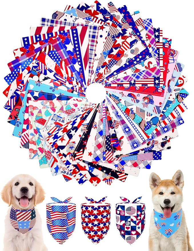PET SHOW 50 Pack 4th of July Dog Bandanas Bulk Washable American Flag Dog by PETSHOW