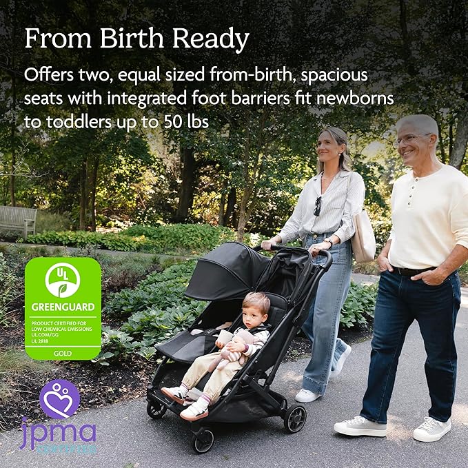 UPPAbaby Minu Duo Side-by-Side Double Stroller - Lightweight + Compact Design for Travel - Easy Fold- from Birth to Toddler - Independent Recline - Jake (Charcoal/Carbon Frame/Black Leather)