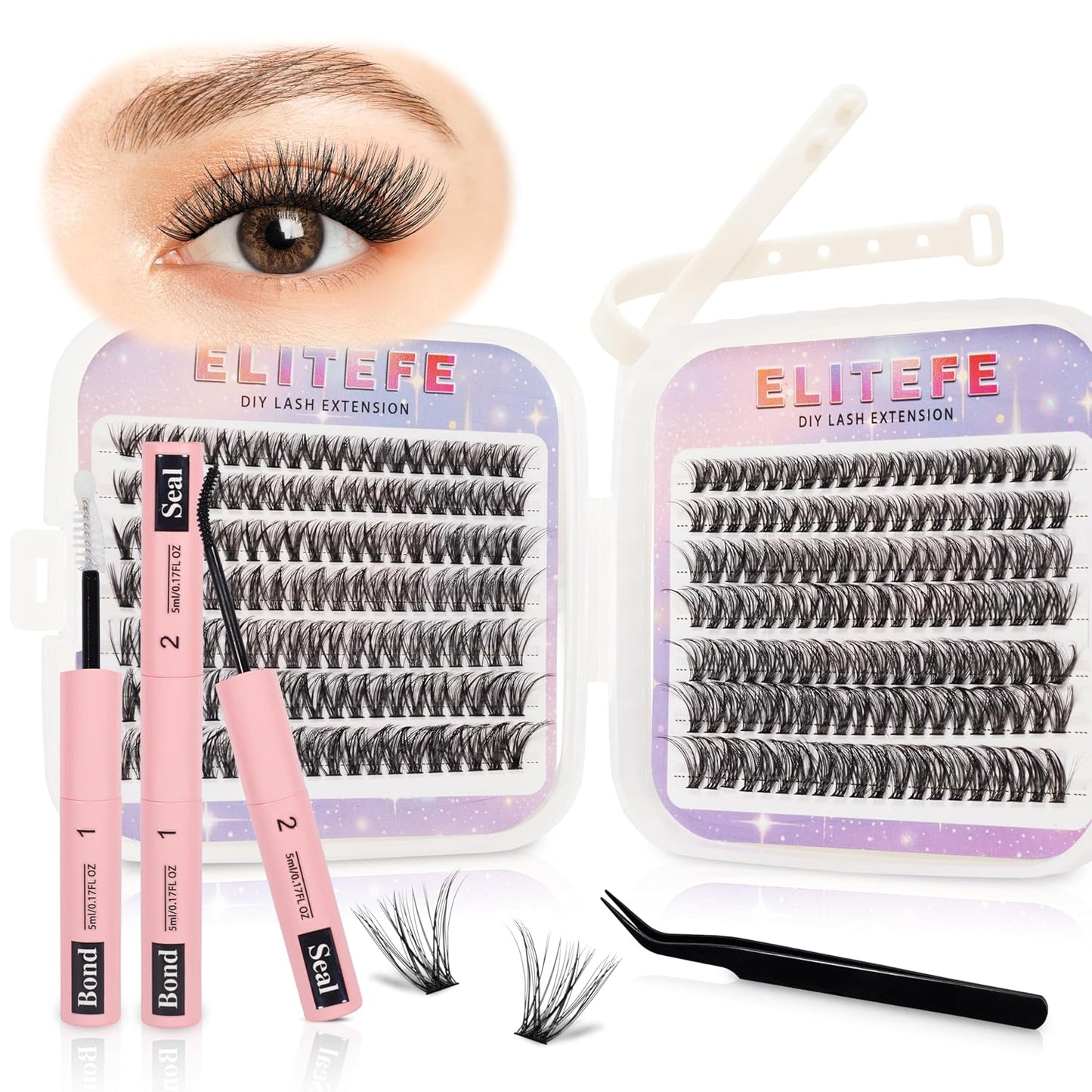 Lash Extension Kit DIY Lash Clusters Kit Eyelash Extensions Individual Lashes Extensions with (Lash Bond,Seal,Tweezers,280Pcs,40D, 0.07D 9-16mm)