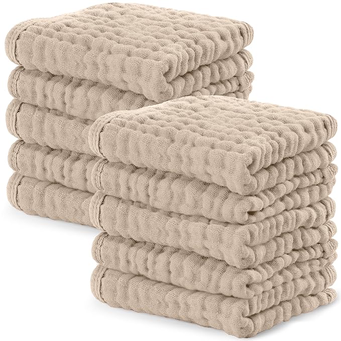 Comfy Cubs Muslin Baby Washcloths 10 Pack - Soft 6-Layer Cotton Wash Cloths for Sensitive Skin - 10"x10" Large, Gentle, Absorbent Infant Essentials for Newborn and Toddlers - Sand