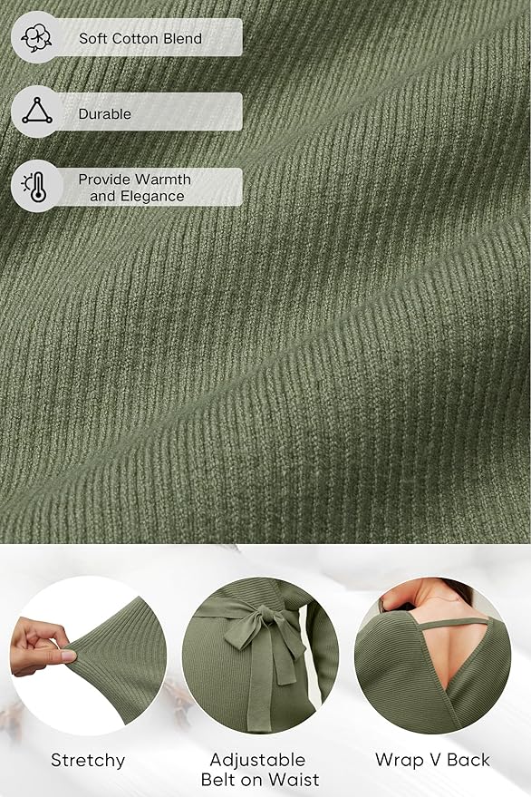 OUGES Womens Soft Cotton Blend Maternity Sweater Wrap V Neck Long Sleeve V Back Fall Shirts Pregnancy Outfits with Belt